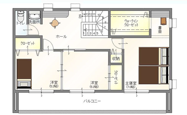 真岡市の注文住宅二階建ての2階間取り